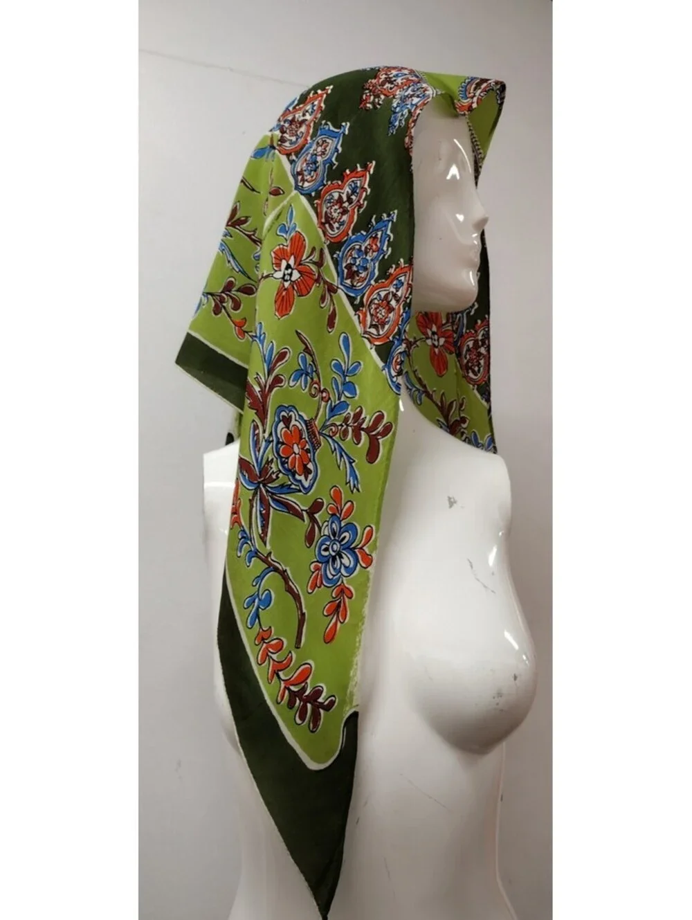 Vintage 30s 1940s Triangle Kierchief Fine Silk Scarf Jade Chartreuse 30s Floral